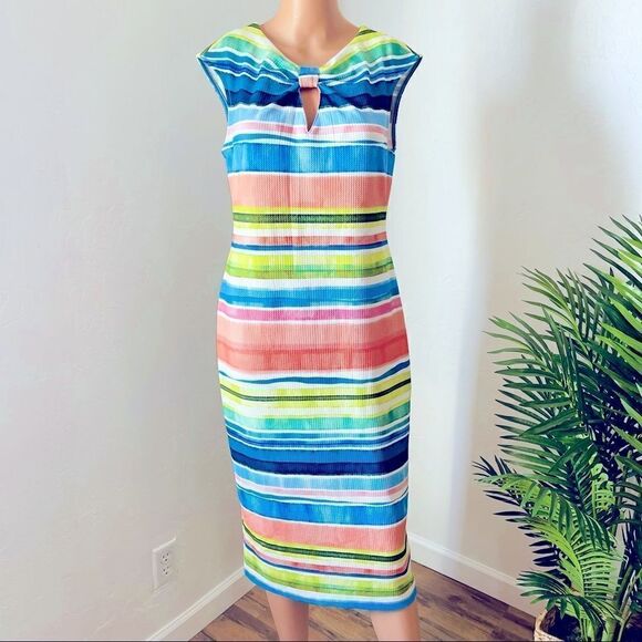 Beige by eci Multicolor Stripe Sheath Dress MEDIUM - Picture 2 of 9